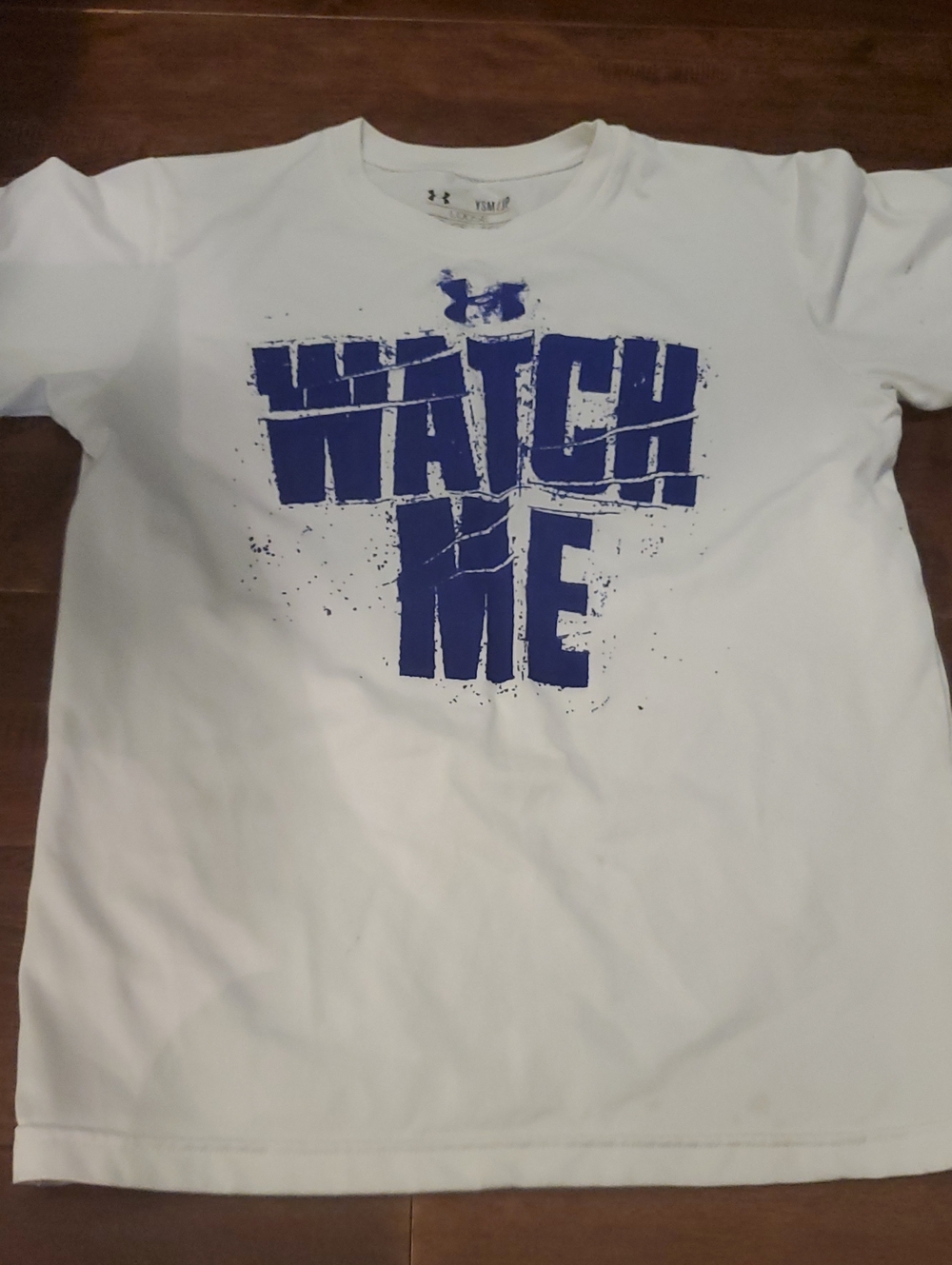 Under Armour White Tee with Bold Blue "WATCH ME" Graphic Size Youth Small